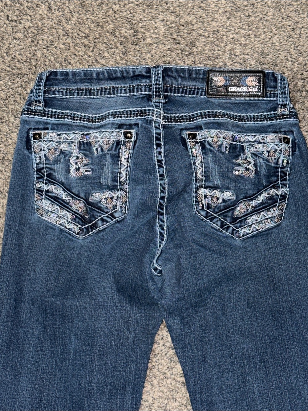 Grace in L.A. Embroidered Distressed pocket bootcut Jeans heavy embellishments